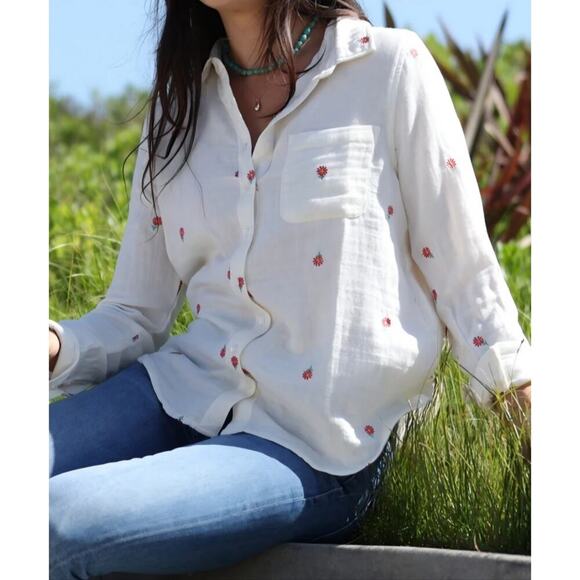 Dylan Womens Small Embroidered Floral Taylor Shirt Long-Sleeve Button Up Blouse - Picture 1 of 8